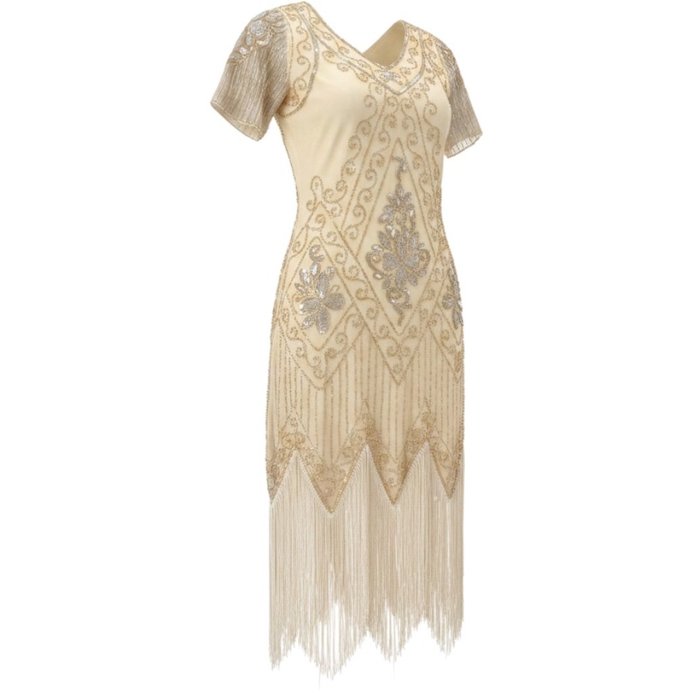 Vintage 1920s Style Flapper Dress Gold Beaded Sequin Fringe Art Deco Champagne